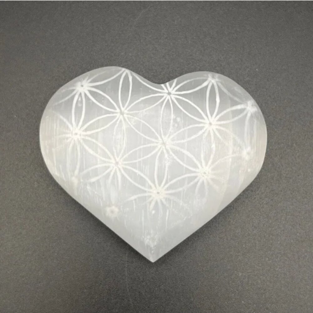 PRICE IS FIRM - Selenite Satin Spar Celtic Weave Etched Hand Carved Heart
